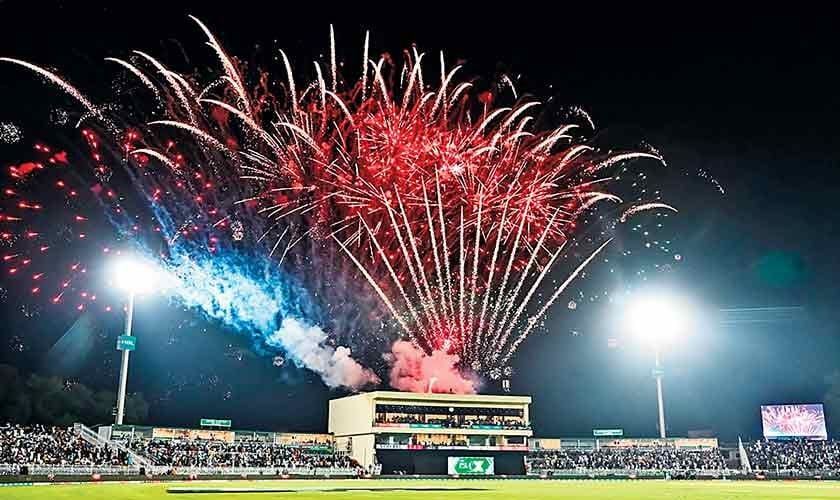 PSL 10 final match in Gaddafi Stadium Lahore with fireworks and cheering crowd.