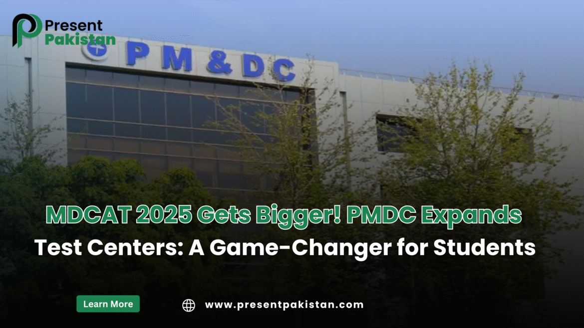 PMDC building with headline about MDCAT 2025 test centers expansion for students’ convenience