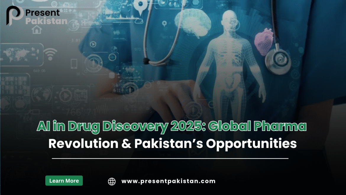 AI in Drug Discovery 2025 illustration showing healthcare technology, pharmaceutical innovation, and Pakistan’s opportunities in global pharma