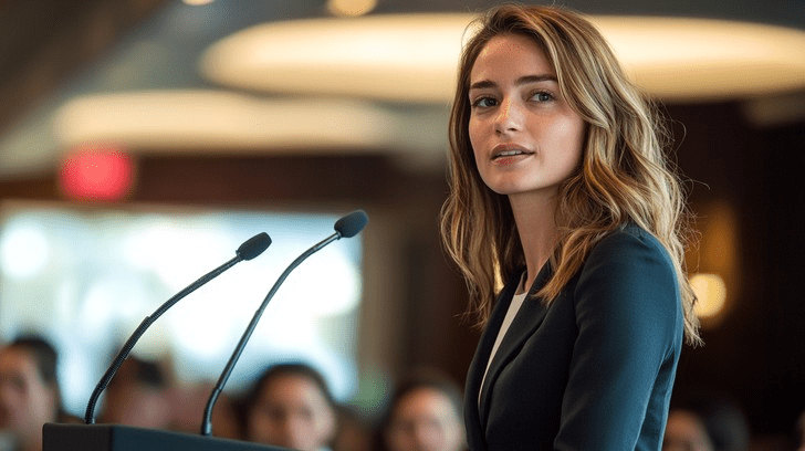 Young educated woman giving speech
