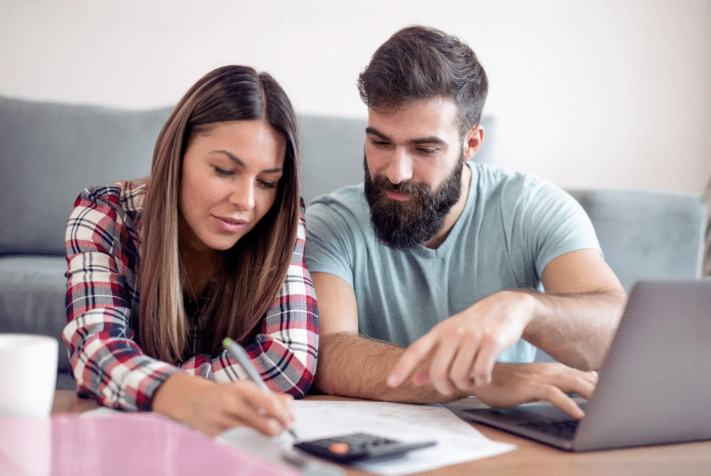“Couple reviewing their wedding budget to plan a stress-free wedding”