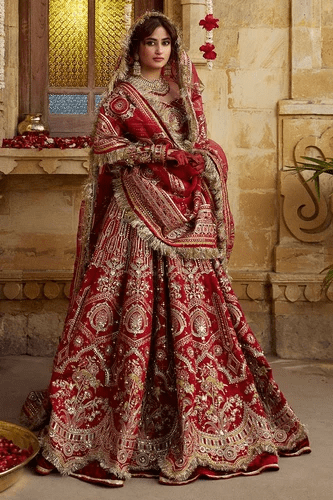 Close-up of zardozi and Swarovski embellishments on a luxury bridal outfit.